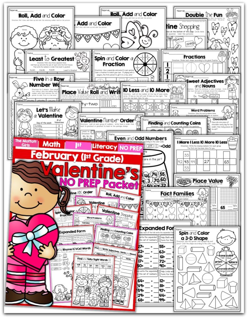 February NO PREP Packet (1st Grade)! Teach addition, subtraction, sight words, phonics, grammar, handwriting and so much more with the February NO PREP Packet for First Grade!