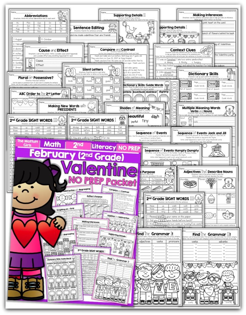 February NO PREP Packet (2nd Grade)! Teach basic math operations, sight words, phonics, grammar, handwriting and so much more with the February NO PREP Packet for Second Grade!