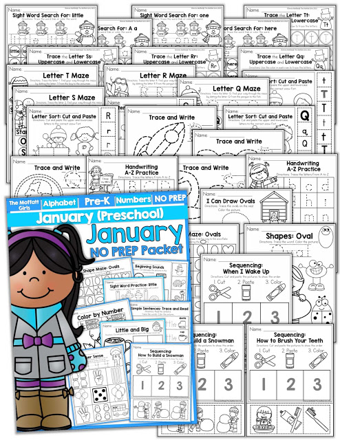Teach number concepts, colors, shapes, letters, phonics and so much more with the January NO PREP Packet for Preschool!
