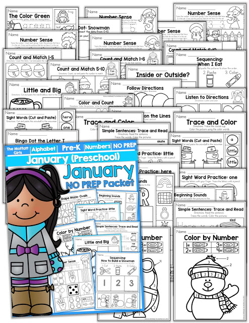Teach number concepts, colors, shapes, letters, phonics and so much more with the January NO PREP Packet for Preschool!