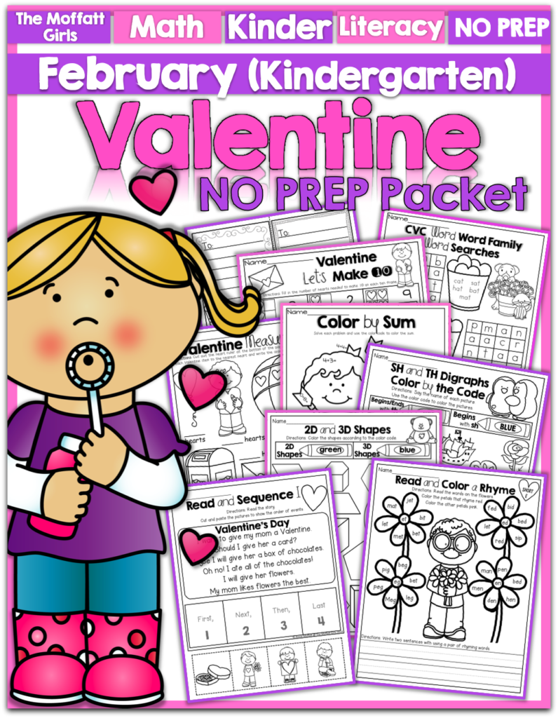 February NO PREP Packet (Kindergarten)! Teach basic addition, subtraction, sight words, phonics, letters, handwriting and so much more with the February NO PREP Packet for Kindergarten!