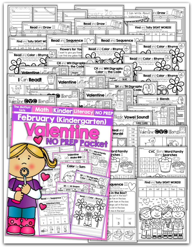 February NO PREP Packet (Kindergarten)! Teach basic addition, subtraction, sight words, phonics, letters, handwriting and so much more with the February NO PREP Packet for Kindergarten!