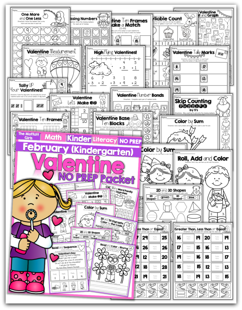 February NO PREP Packet (Kindergarten)! Teach basic addition, subtraction, sight words, phonics, letters, handwriting and so much more with the February NO PREP Packet for Kindergarten!