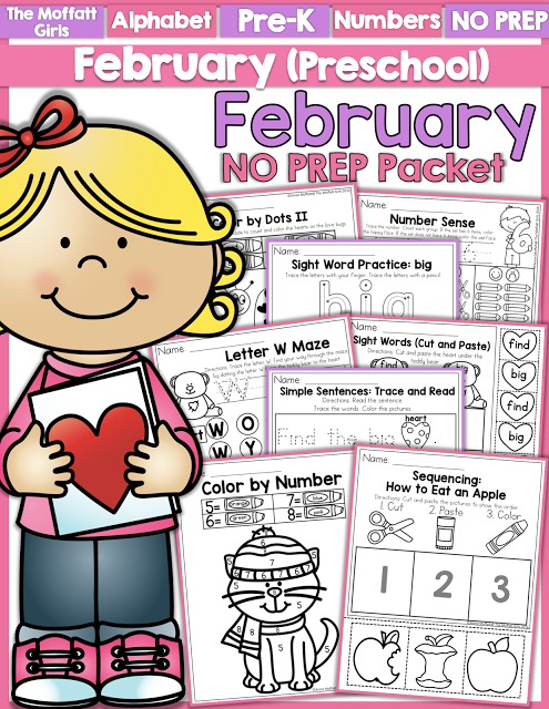 February NO PREP Packet (Preschool)! Teach number concepts, colors, shapes, letters, phonics and so much more with the February NO PREP Packet for Preschool!
