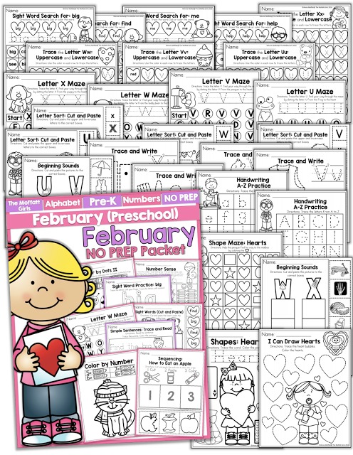 February NO PREP Packet (Preschool)! Teach number concepts, colors, shapes, letters, phonics and so much more with the February NO PREP Packet for Preschool!