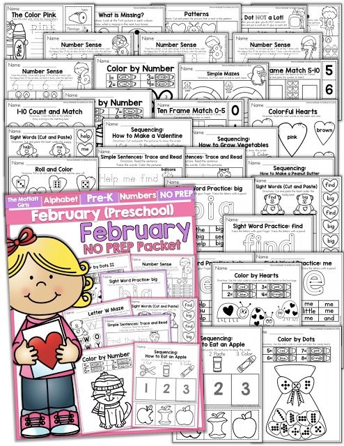 February NO PREP Packet (Preschool)! Teach number concepts, colors, shapes, letters, phonics and so much more with the February NO PREP Packet for Preschool!