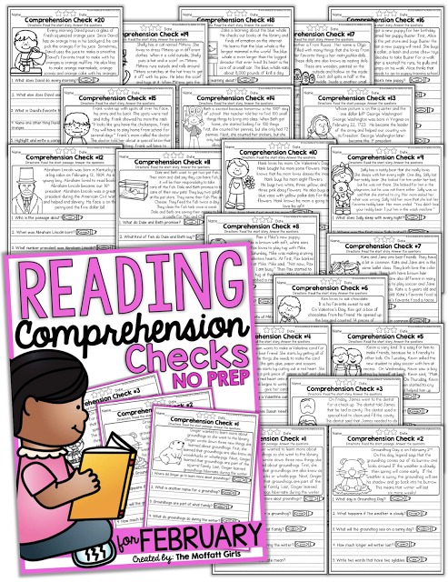 February NO PREP Reading Comprehension Checks! Reading Comprehension Checks for February- Build confidence in beginning and struggling readers with these short stories, while teaching students to find text evidence to support their answers.