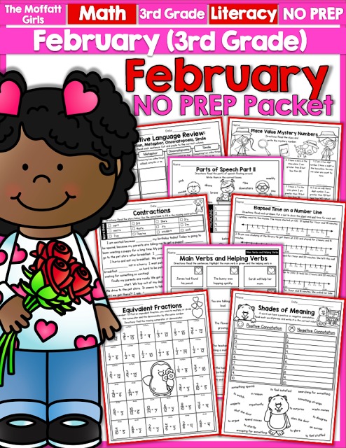 February NO PREP Packet (3rd Grade)! Teach multiplication, two and three-digit addition and subtraction, sight words, grammar, writing and so much more with the December NO PREP Packet for Third Grade!