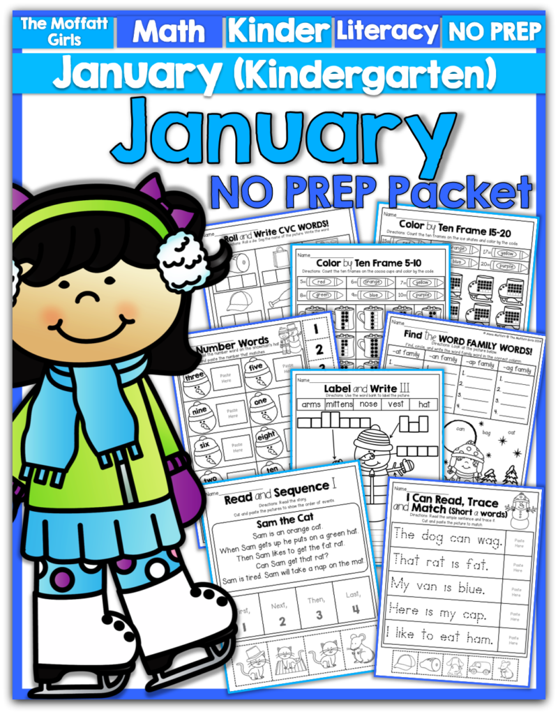 Teach basic addition, subtraction, sight words, phonics, letters, handwriting and so much more with the January NO PREP Packet for Kindergarten!