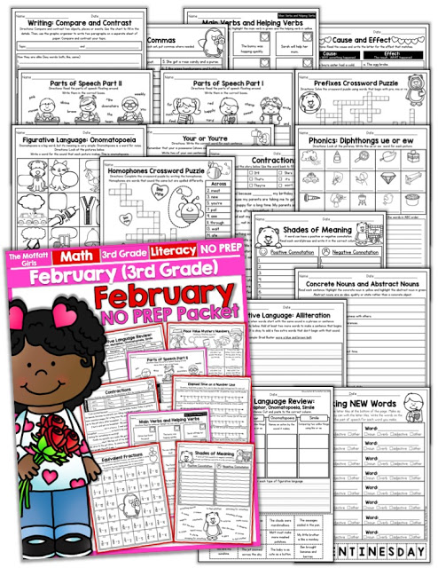 February NO PREP Packet (3rd Grade)! Teach multiplication, two and three-digit addition and subtraction, sight words, grammar, writing and so much more with the December NO PREP Packet for Third Grade!