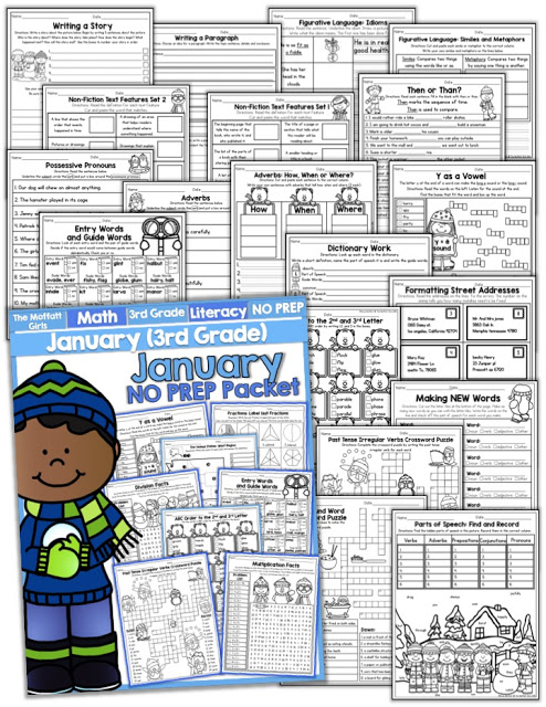 Teach multiplication, two and three-digit addition and subtraction, sight words, grammar, writing and so much more with the January NO PREP Packet for Third Grade!