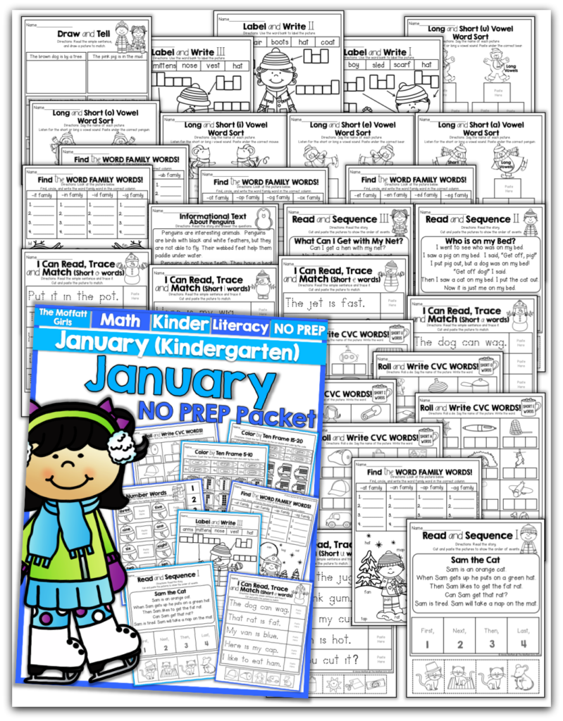 Teach basic addition, subtraction, sight words, phonics, letters, handwriting and so much more with the January NO PREP Packet for Kindergarten!