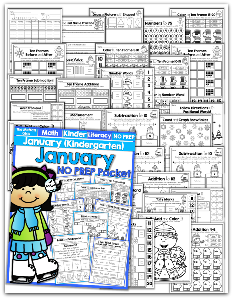 Teach basic addition, subtraction, sight words, phonics, letters, handwriting and so much more with the January NO PREP Packet for Kindergarten!