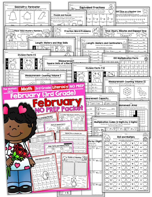 February NO PREP Packet (3rd Grade)! Teach multiplication, two and three-digit addition and subtraction, sight words, grammar, writing and so much more with the December NO PREP Packet for Third Grade!