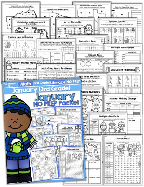 Teach multiplication, two and three-digit addition and subtraction, sight words, grammar, writing and so much more with the January NO PREP Packet for Third Grade!