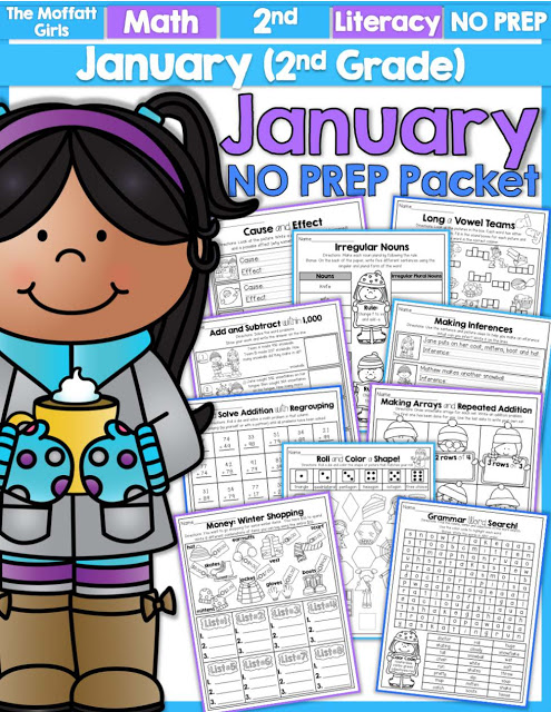Teach basic math operations, sight words, phonics, grammar, handwriting and so much more with the January NO PREP Packet for Second Grade!