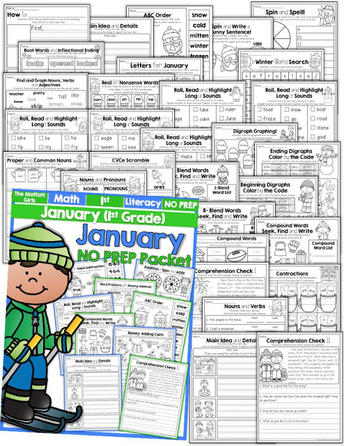 Teach addition, subtraction, sight words, phonics, grammar, handwriting and so much more with the January NO PREP Packet for First Grade!