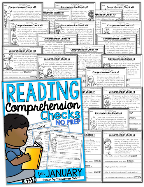 Reading Comprehension Checks for January- Build confidence in beginning and struggling readers with these short stories, while teaching students to find text evidence to support their answers.