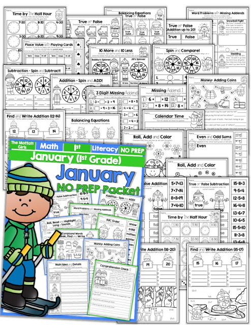 Teach addition, subtraction, sight words, phonics, grammar, handwriting and so much more with the January NO PREP Packet for First Grade!