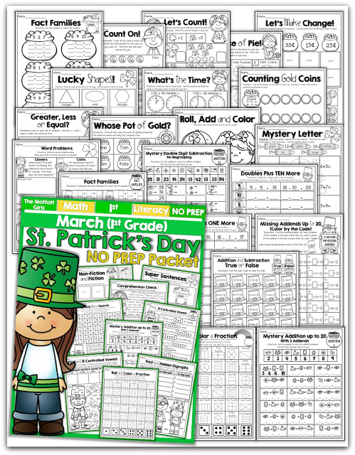March NO PREP Packet (1st Grade)! Teach addition, subtraction, sight words, phonics, grammar, handwriting and so much more with the March NO PREP Packet for First Grade!
