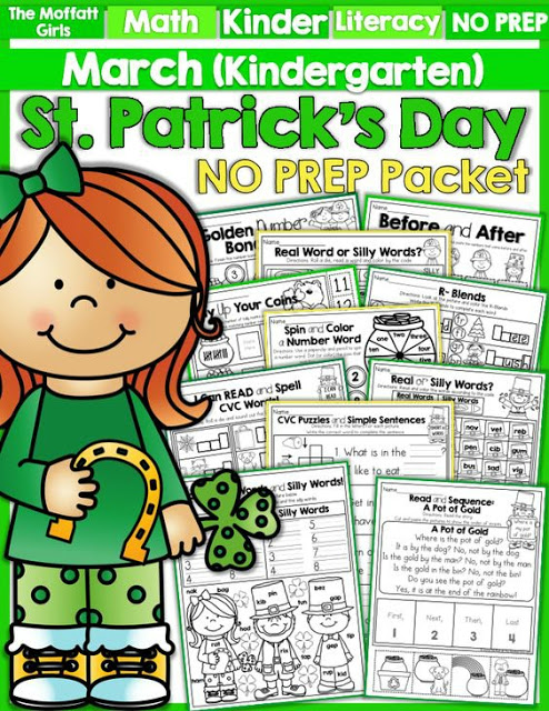 March NO PREP Packet (Kindergarten)! Teach basic addition, subtraction, sight words, phonics, letters, handwriting and so much more with the March NO PREP Packet for Kindergarten!