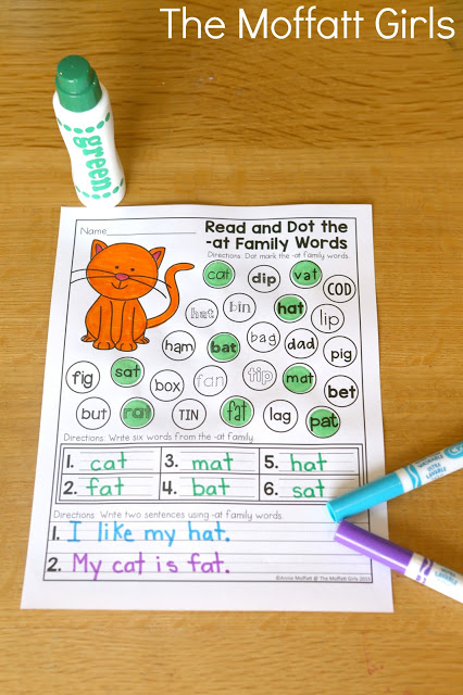CVC Fluency: Dot a Word Family- Use a dot marker to dot the words in the word family, write them on the line and use them in a short sentence. Perfect for beginning and struggling readers!