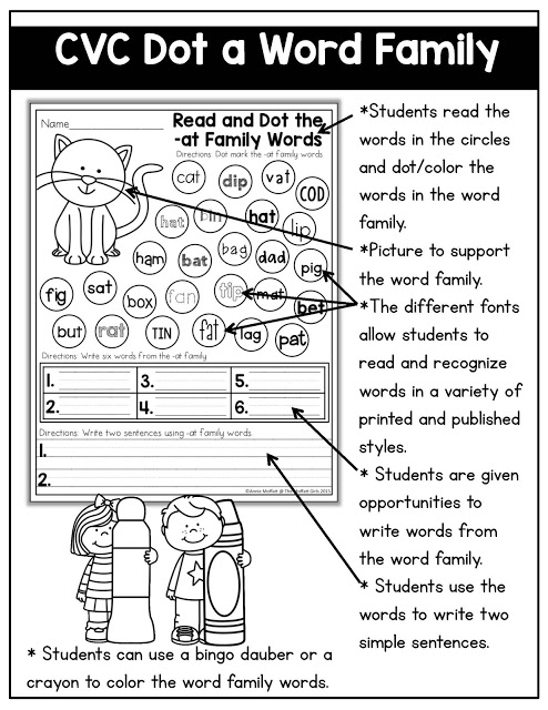 CVC Fluency: Dot a Word Family- Use a dot marker to dot the words in the word family, write them on the line and use them in a short sentence. Perfect for beginning and struggling readers!