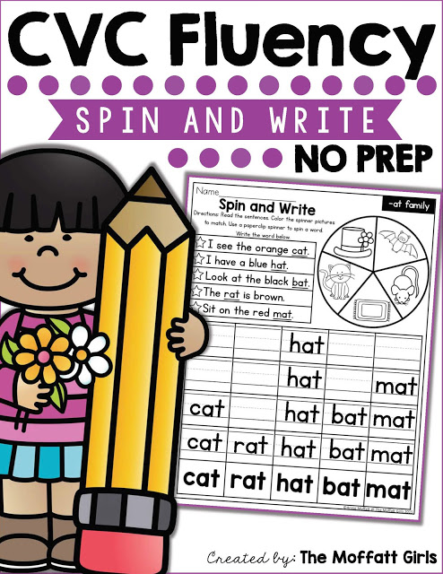 CVC Fluency: Spin and Write- Read the simple sentences, spin the spinner and write the word that matches. Such a fun reading game for beginning readers!
