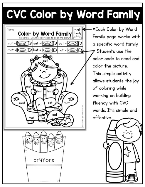 CVC Fluency: Color by Word Family- Color the picture by the code. Perfect for beginning and struggling readers!