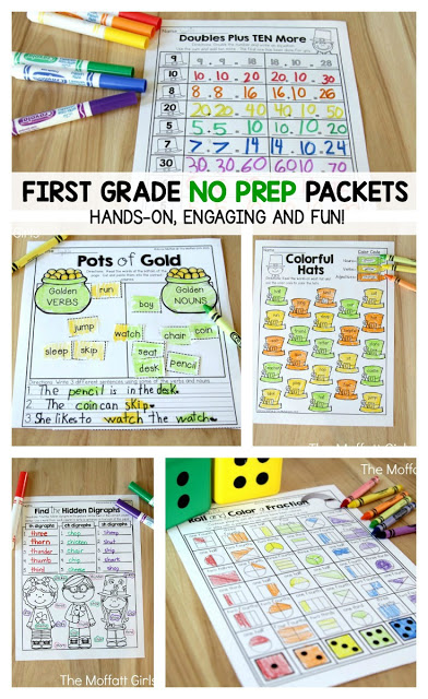March NO PREP Packet (1st Grade)! Teach addition, subtraction, sight words, phonics, grammar, handwriting and so much more with the March NO PREP Packet for First Grade!