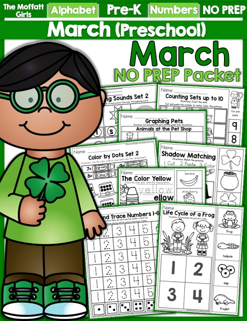 March NO PREP Packet (Preschool)! Teach number concepts, colors, shapes, letters, phonics and so much more with the March NO PREP Packet for Preschool!