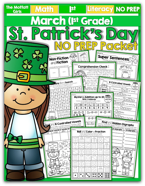 March NO PREP Packet (1st Grade)! Teach addition, subtraction, sight words, phonics, grammar, handwriting and so much more with the March NO PREP Packet for First Grade!