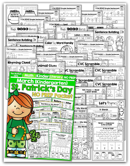 March NO PREP Packet (Kindergarten)! Teach basic addition, subtraction, sight words, phonics, letters, handwriting and so much more with the March NO PREP Packet for Kindergarten!