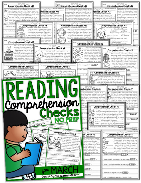 Reading Comprehension Checks for March! Reading Comprehension Checks for March- Build confidence in beginning and struggling readers with these short stories, while teaching students to find text evidence to support their answers.