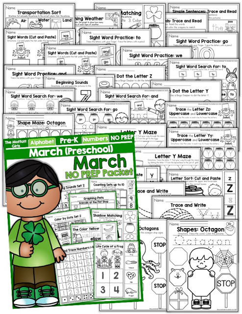 March NO PREP Packet (Preschool)! Teach number concepts, colors, shapes, letters, phonics and so much more with the March NO PREP Packet for Preschool!