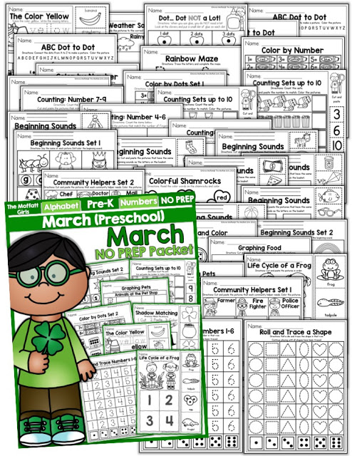 March NO PREP Packet (Preschool)! Teach number concepts, colors, shapes, letters, phonics and so much more with the March NO PREP Packet for Preschool!