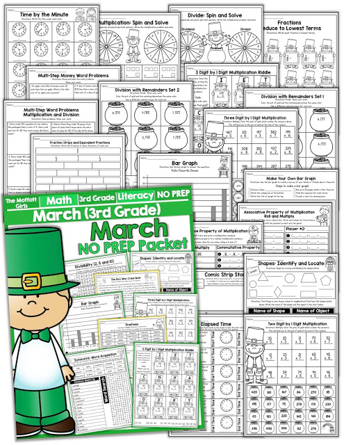 March NO PREP Packet (3rd Grade)! Teach multiplication, two and three-digit addition and subtraction, sight words, grammar, writing and so much more with the March NO PREP Packet for Third Grade!