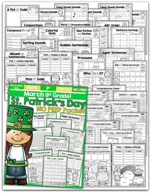 March NO PREP Packet (1st Grade)! Teach addition, subtraction, sight words, phonics, grammar, handwriting and so much more with the March NO PREP Packet for First Grade!