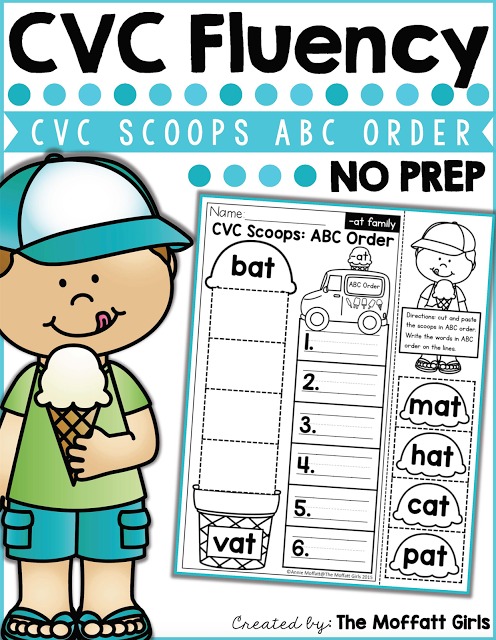 CVC Fluency: CVC Scoops ABC Order- Cut and paste the CVC word in alphabetical order. Fun for beginning readers!
