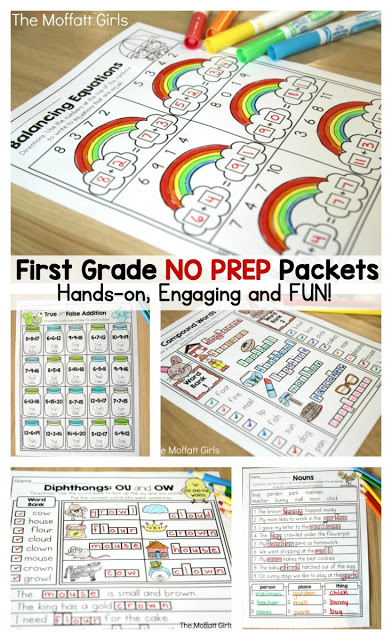 Teach addition, subtraction, sight words, phonics, grammar, handwriting and so much more with the April NO PREP Packet for First Grade!