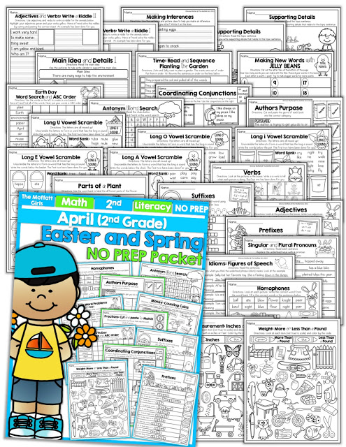 Teach basic math operations, sight words, phonics, grammar, handwriting and so much more with the April NO PREP Packet for Second Grade!