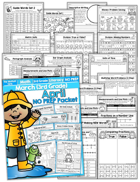 Teach multiplication, two and three-digit addition and subtraction, sight words, grammar, writing and so much more with the April NO PREP Packet for Third Grade!