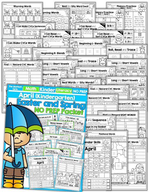 Teach basic addition, subtraction, sight words, phonics, letters, handwriting and so much more with the April NO PREP Packet for Kindergarten!