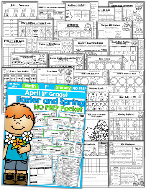 Teach addition, subtraction, sight words, phonics, grammar, handwriting and so much more with the April NO PREP Packet for First Grade!