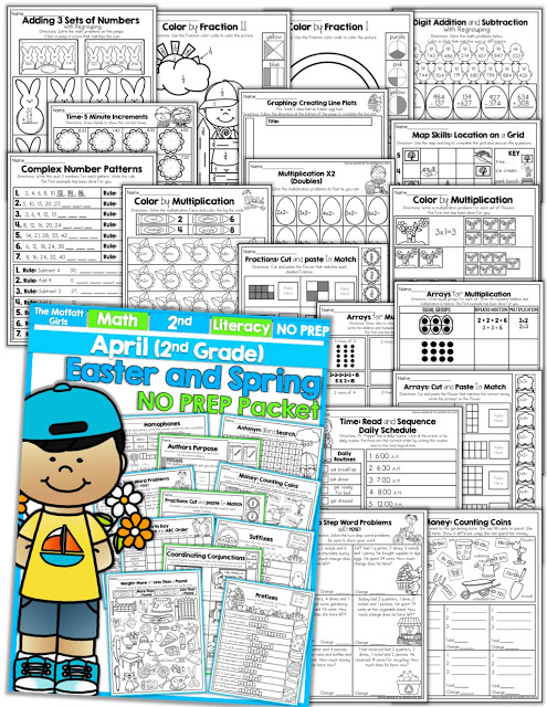 Teach basic math operations, sight words, phonics, grammar, handwriting and so much more with the April NO PREP Packet for Second Grade!
