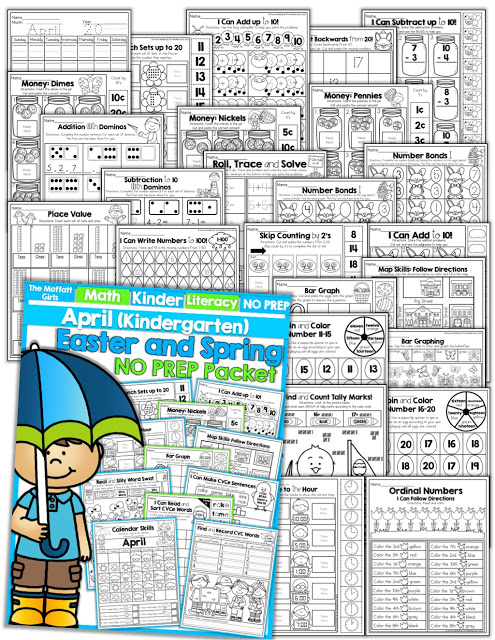 Teach basic addition, subtraction, sight words, phonics, letters, handwriting and so much more with the April NO PREP Packet for Kindergarten!