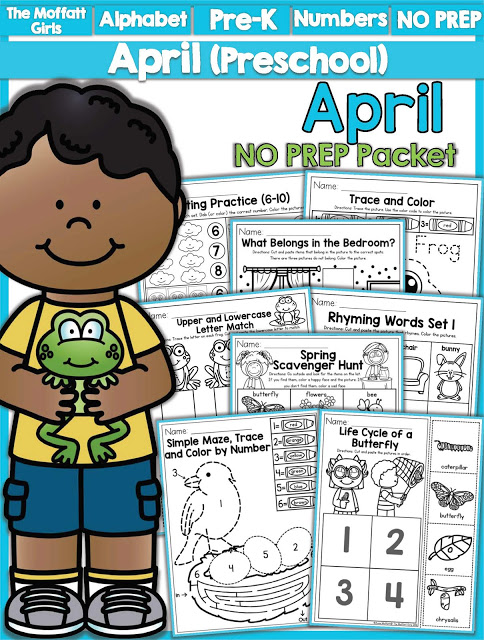 Teach number concepts, colors, shapes, letters, phonics and so much more with the April NO PREP Packet for Preschool!