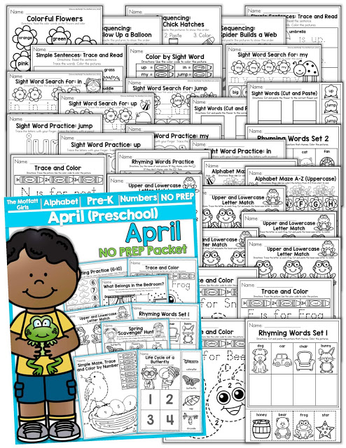 Teach number concepts, colors, shapes, letters, phonics and so much more with the April NO PREP Packet for Preschool!