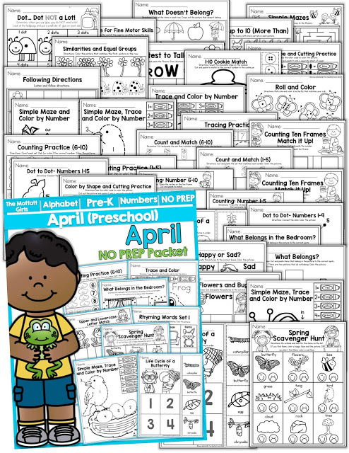Teach number concepts, colors, shapes, letters, phonics and so much more with the April NO PREP Packet for Preschool!