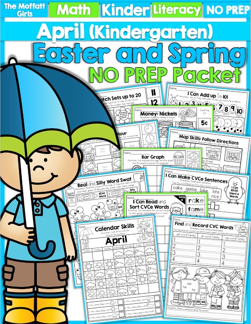 Teach basic addition, subtraction, sight words, phonics, letters, handwriting and so much more with the April NO PREP Packet for Kindergarten!